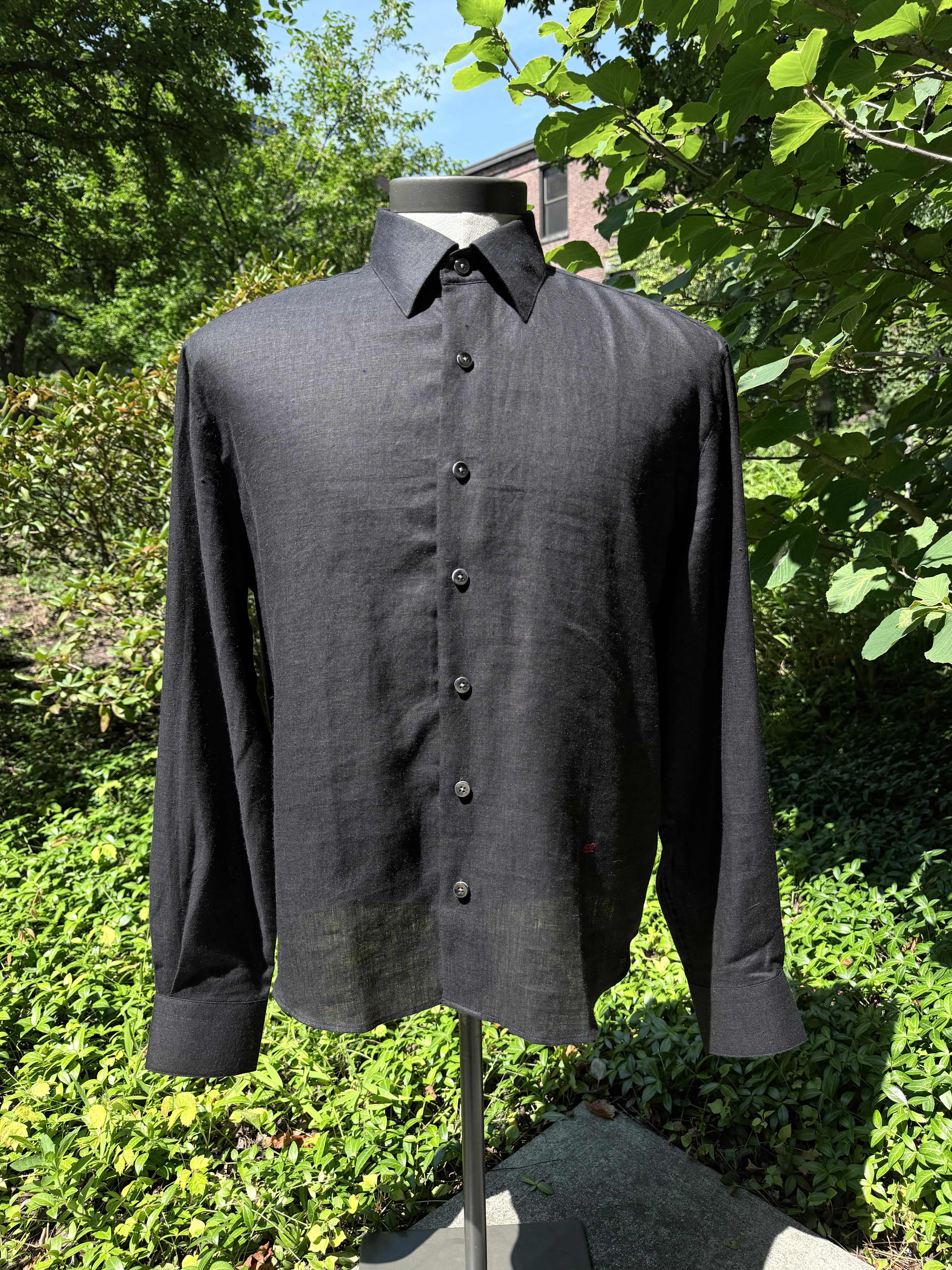 Charcoal linen long-sleeve dress shirt on a form